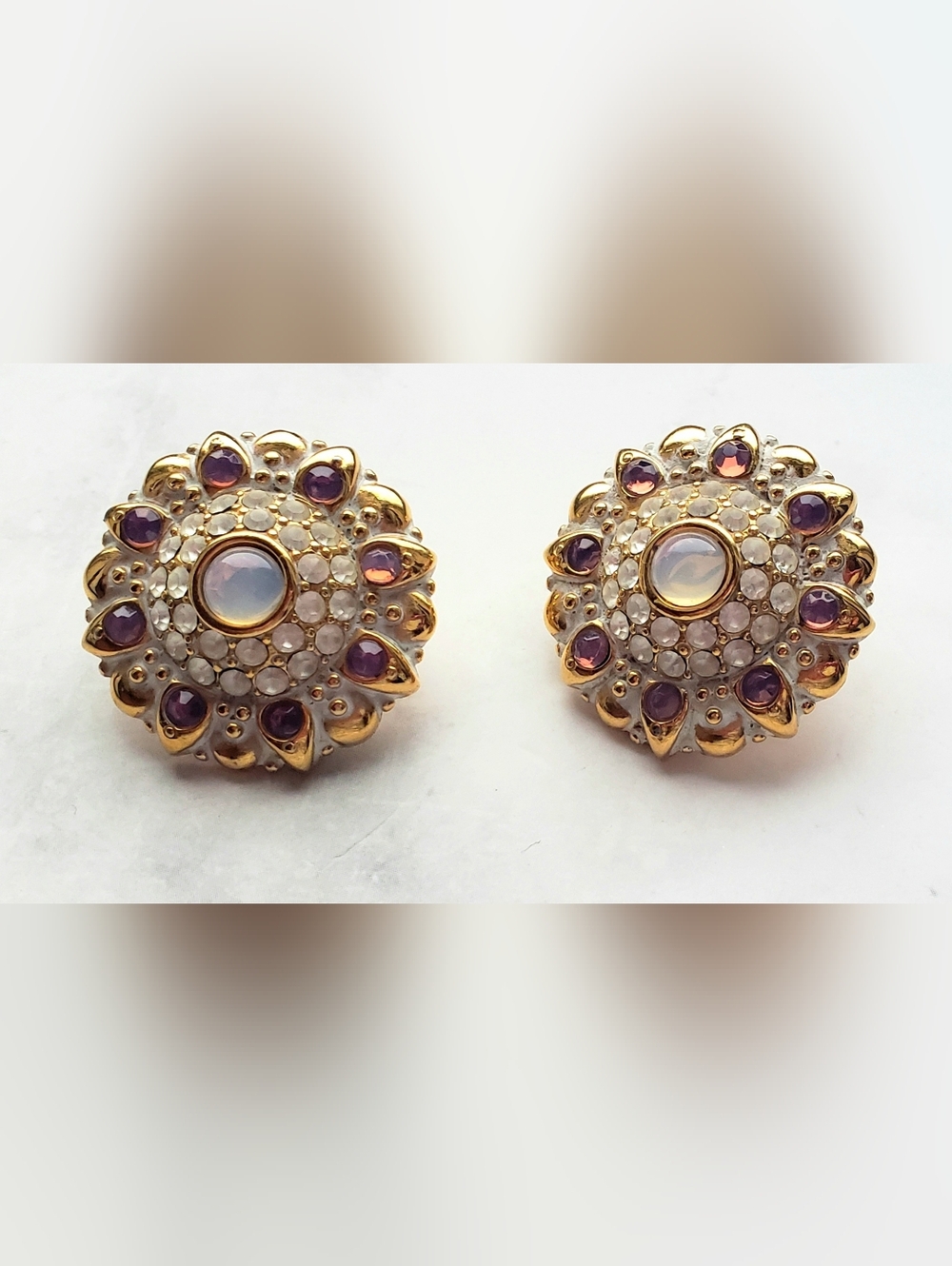 Signed Vintage 1980s Monet clip on earrings Purple Gold Medallion Cabochon